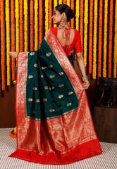 Bottle Green with Red Border Tussar Pure Silk Saree with Blouse Piece - Adi Akshoy & Co.