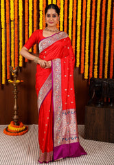 Red with Purple Minakari Border Kadwa Katan Pure Silk Saree With Blouse Piece - Adi Akshoy & Co.