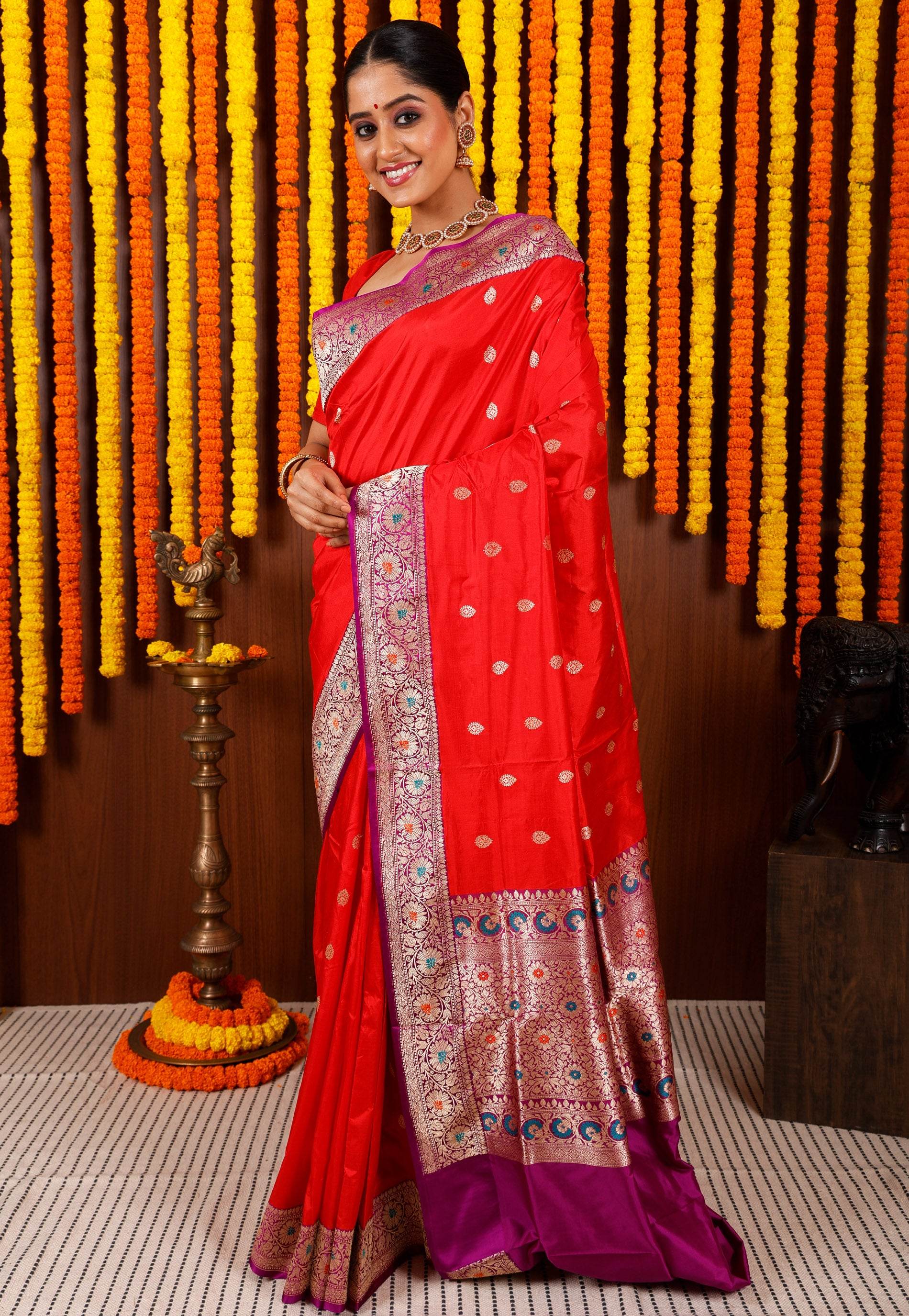Red with Purple Minakari Border Kadwa Katan Pure Silk Saree With Blouse Piece - Adi Akshoy & Co.