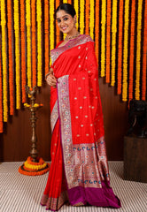 Red with Purple Minakari Border Kadwa Katan Pure Silk Saree With Blouse Piece - Adi Akshoy & Co.