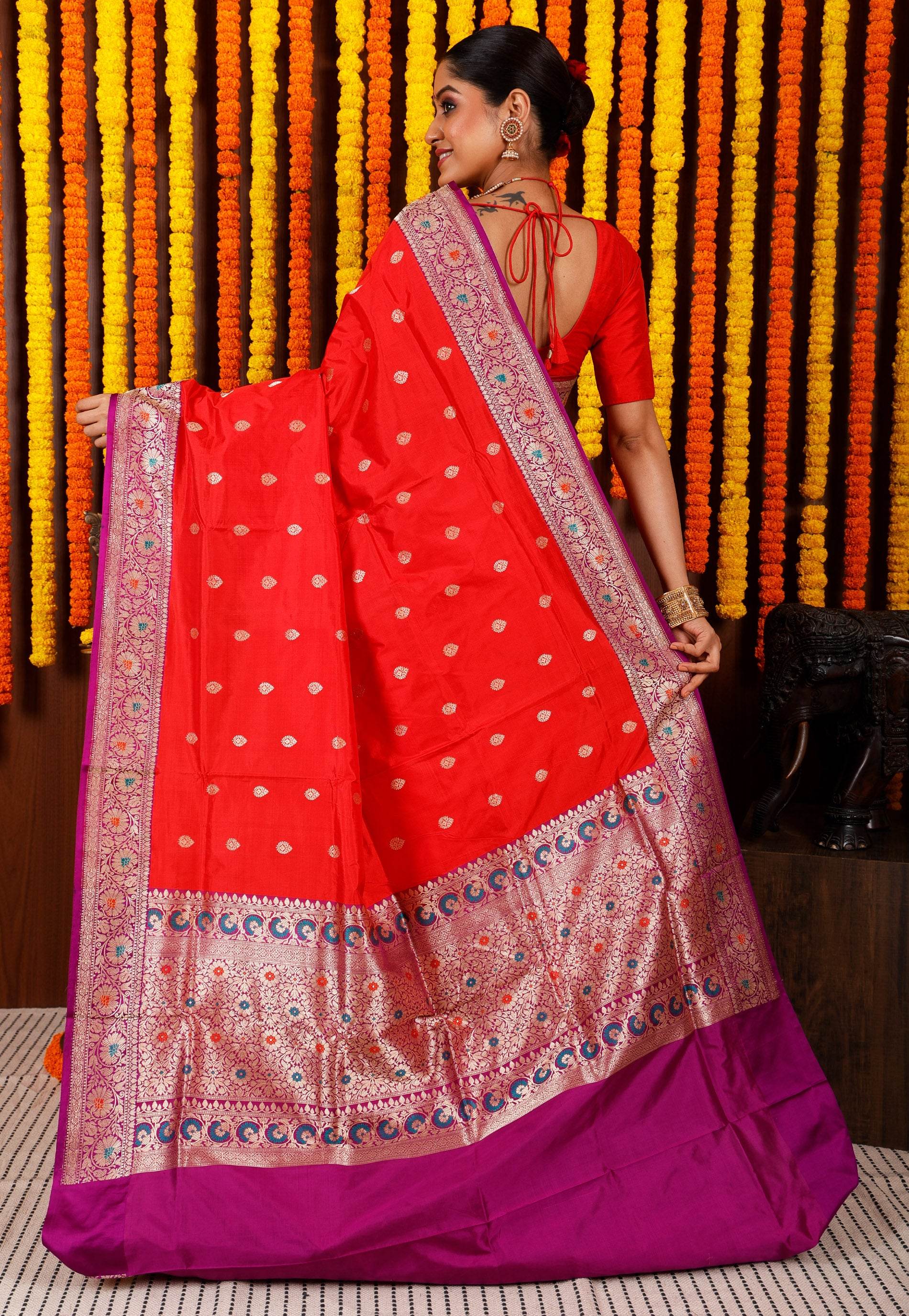 Red with Purple Minakari Border Kadwa Katan Pure Silk Saree With Blouse Piece - Adi Akshoy & Co.