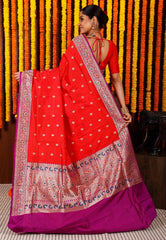 Red with Purple Minakari Border Kadwa Katan Pure Silk Saree With Blouse Piece - Adi Akshoy & Co.