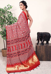 Rust Ajrakh print in Modal Silk Saree With Blouse Piece - Adi Akshoy & Co.