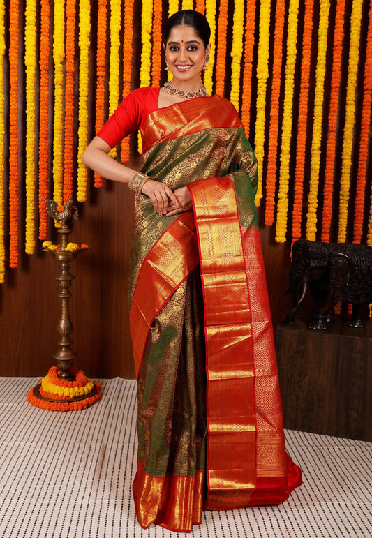 Cross Green Brocade with Red Border Kanjivaram Silk Saree With Blouse Piece - Adi Akshoy & Co.