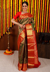 Cross Green Brocade with Red Border Kanjivaram Silk Saree With Blouse Piece - Adi Akshoy & Co.