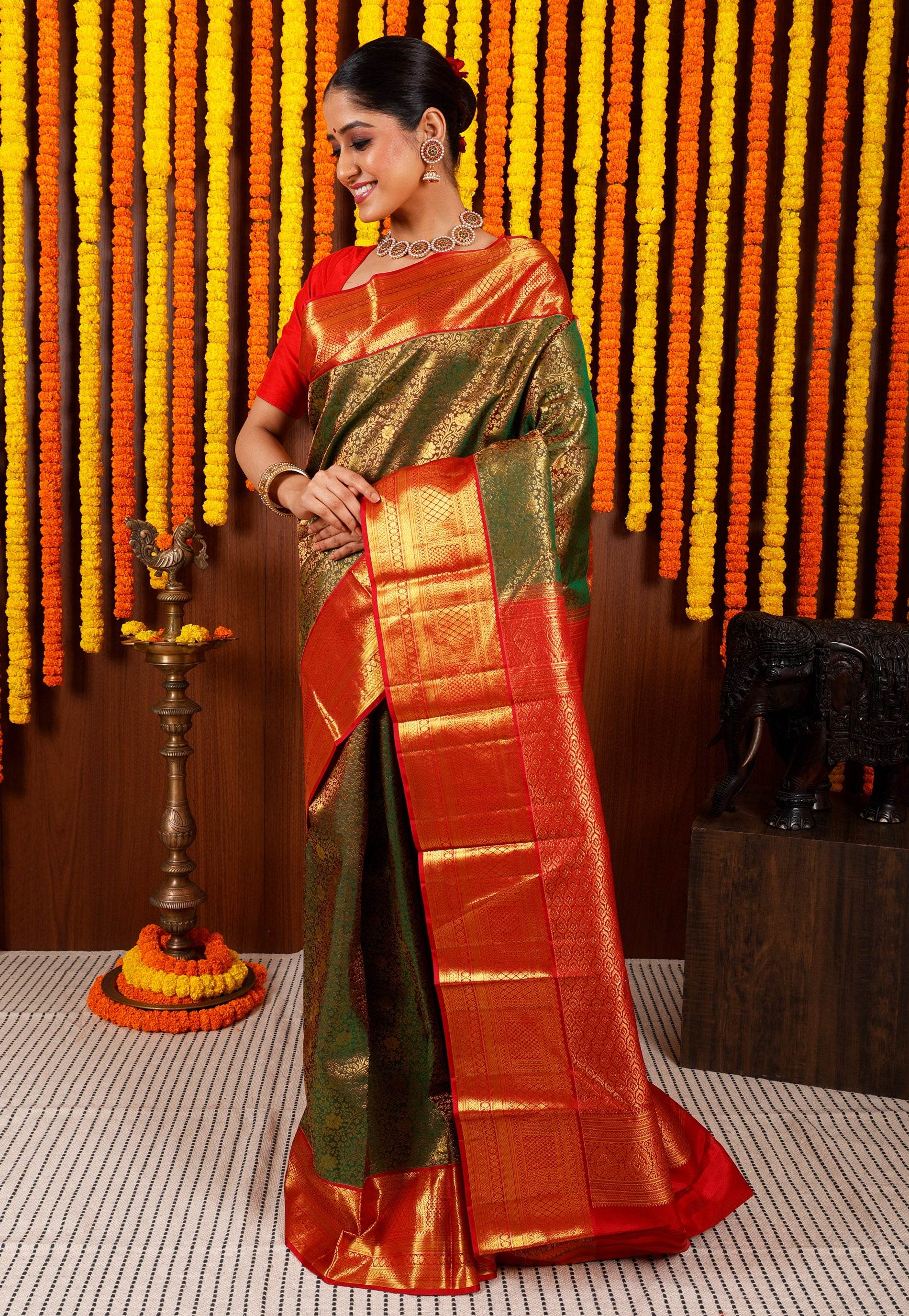 Cross Green Brocade with Red Border Kanjivaram Silk Saree With Blouse Piece - Adi Akshoy & Co.