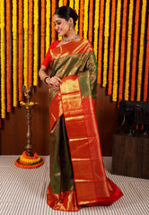 Cross Green Brocade with Red Border Kanjivaram Silk Saree With Blouse Piece - Adi Akshoy & Co.