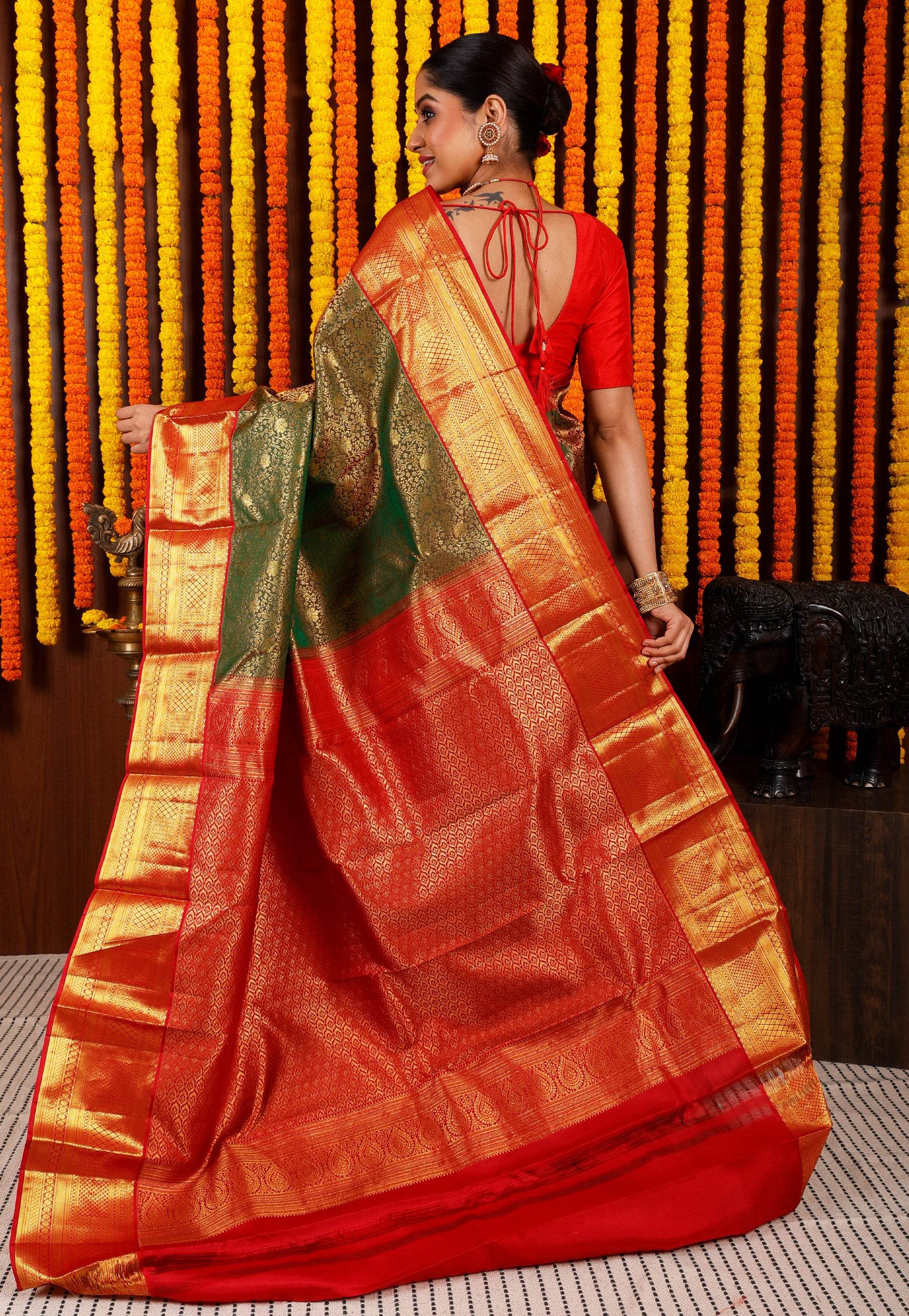Cross Green Brocade with Red Border Kanjivaram Silk Saree With Blouse Piece - Adi Akshoy & Co.