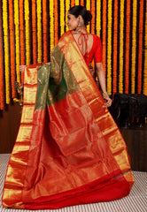 Cross Green Brocade with Red Border Kanjivaram Silk Saree With Blouse Piece - Adi Akshoy & Co.