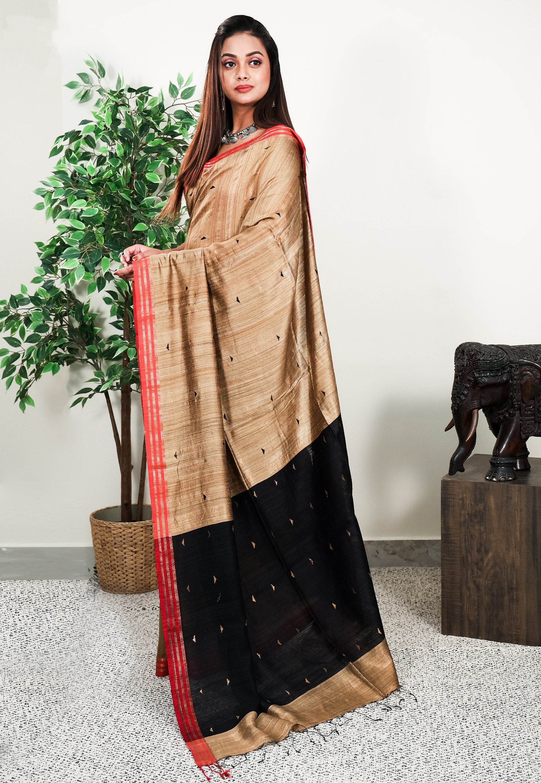Beige Matka Handloom Pure Silk Saree With Blouse Piece - Adi Akshoy & Co.