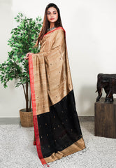 Beige Matka Handloom Pure Silk Saree With Blouse Piece - Adi Akshoy & Co.