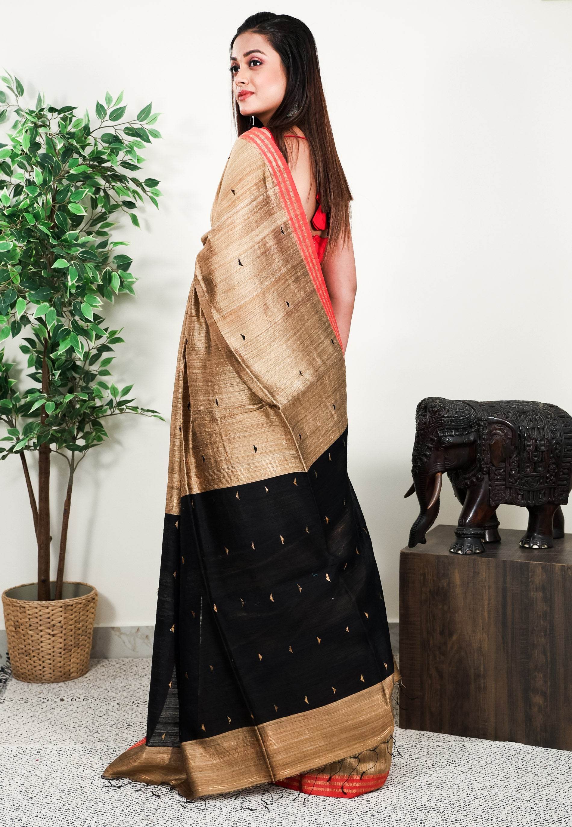 Beige Matka Handloom Pure Silk Saree With Blouse Piece - Adi Akshoy & Co.