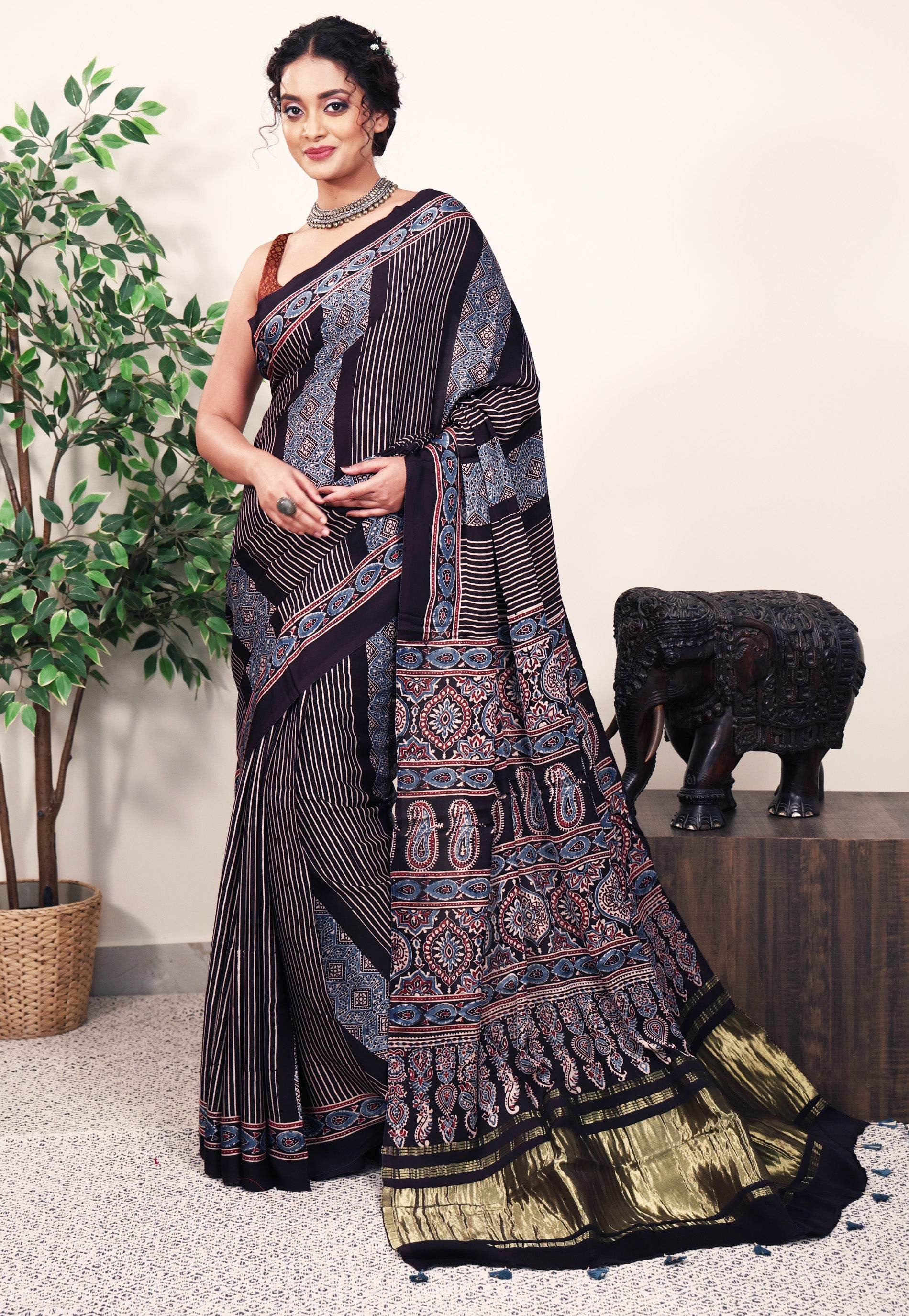 Black Ajrakh print in Modal Silk Saree With Blouse Piece - Adi Akshoy & Co.