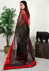 Black Kora Handloom Pure Silk Saree With Blouse Piece - Adi Akshoy & Co.
