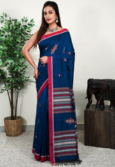 Turquoise Blue Handloom Saree With Blouse Piece - Adi Akshoy & Co.