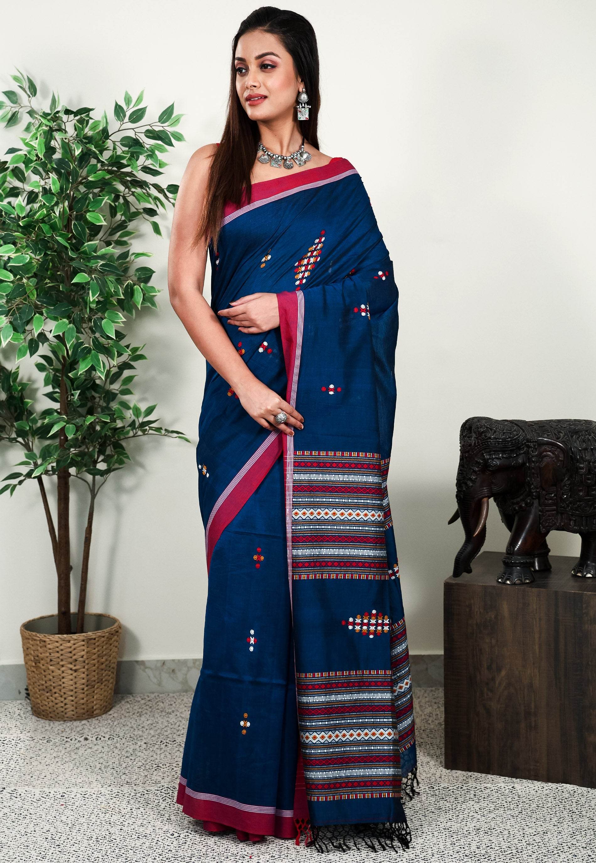 Turquoise Blue Handloom Saree With Blouse Piece - Adi Akshoy & Co.