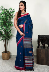 Turquoise Blue Handloom Saree With Blouse Piece - Adi Akshoy & Co.