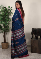 Turquoise Blue Handloom Saree With Blouse Piece - Adi Akshoy & Co.