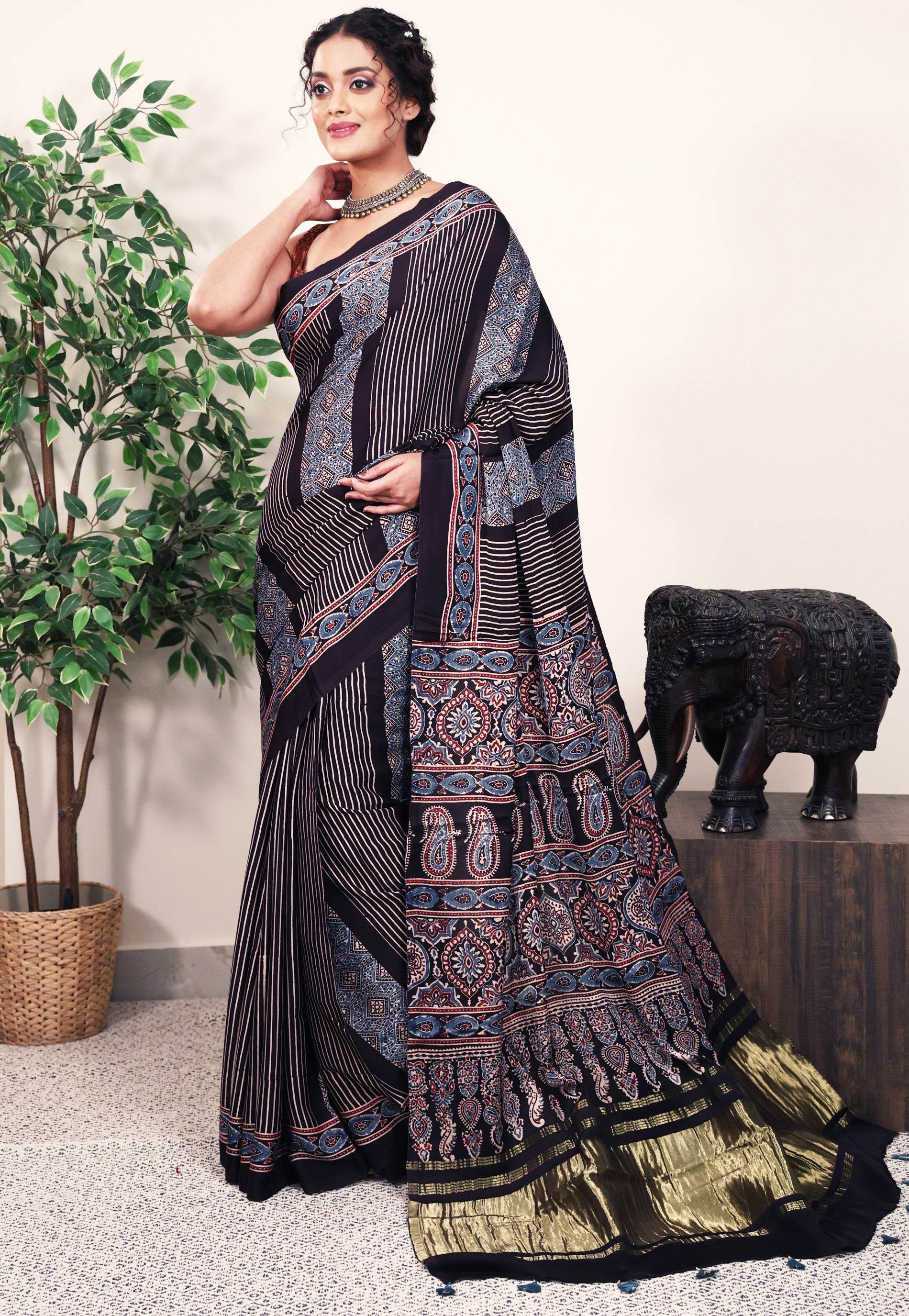 Black Ajrakh print in Modal Silk Saree With Blouse Piece - Adi Akshoy & Co.