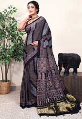 Black Ajrakh print in Modal Silk Saree With Blouse Piece - Adi Akshoy & Co.