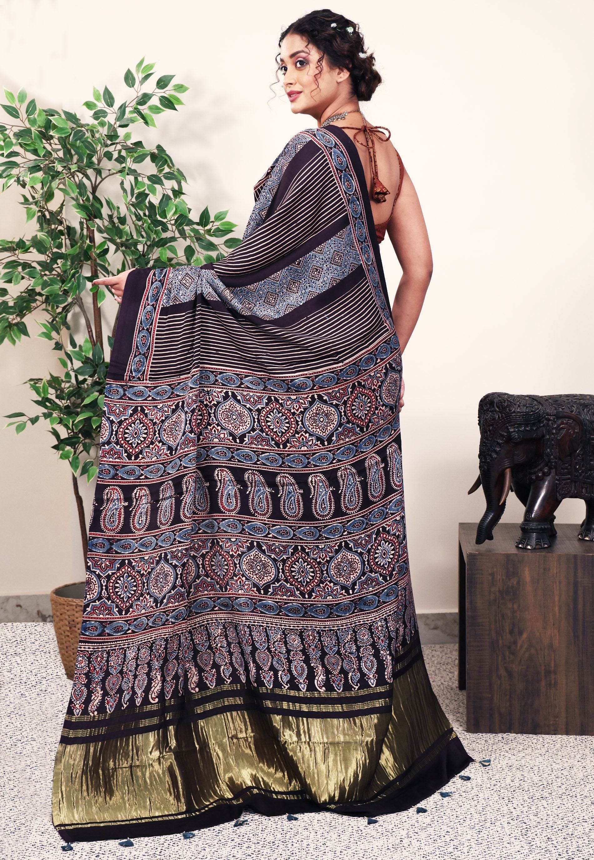 Black Ajrakh print in Modal Silk Saree With Blouse Piece - Adi Akshoy & Co.