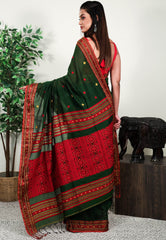 Bottle Green Handloom Saree With Blouse Piece - Adi Akshoy & Co.