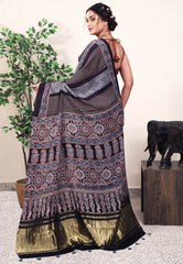 Black Ajrakh print in Modal Silk Saree With Blouse Piece - Adi Akshoy & Co.