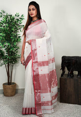 White Sico Handloom Saree With Blouse Piece - Adi Akshoy & Co.