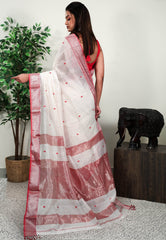 White Sico Handloom Saree With Blouse Piece - Adi Akshoy & Co.