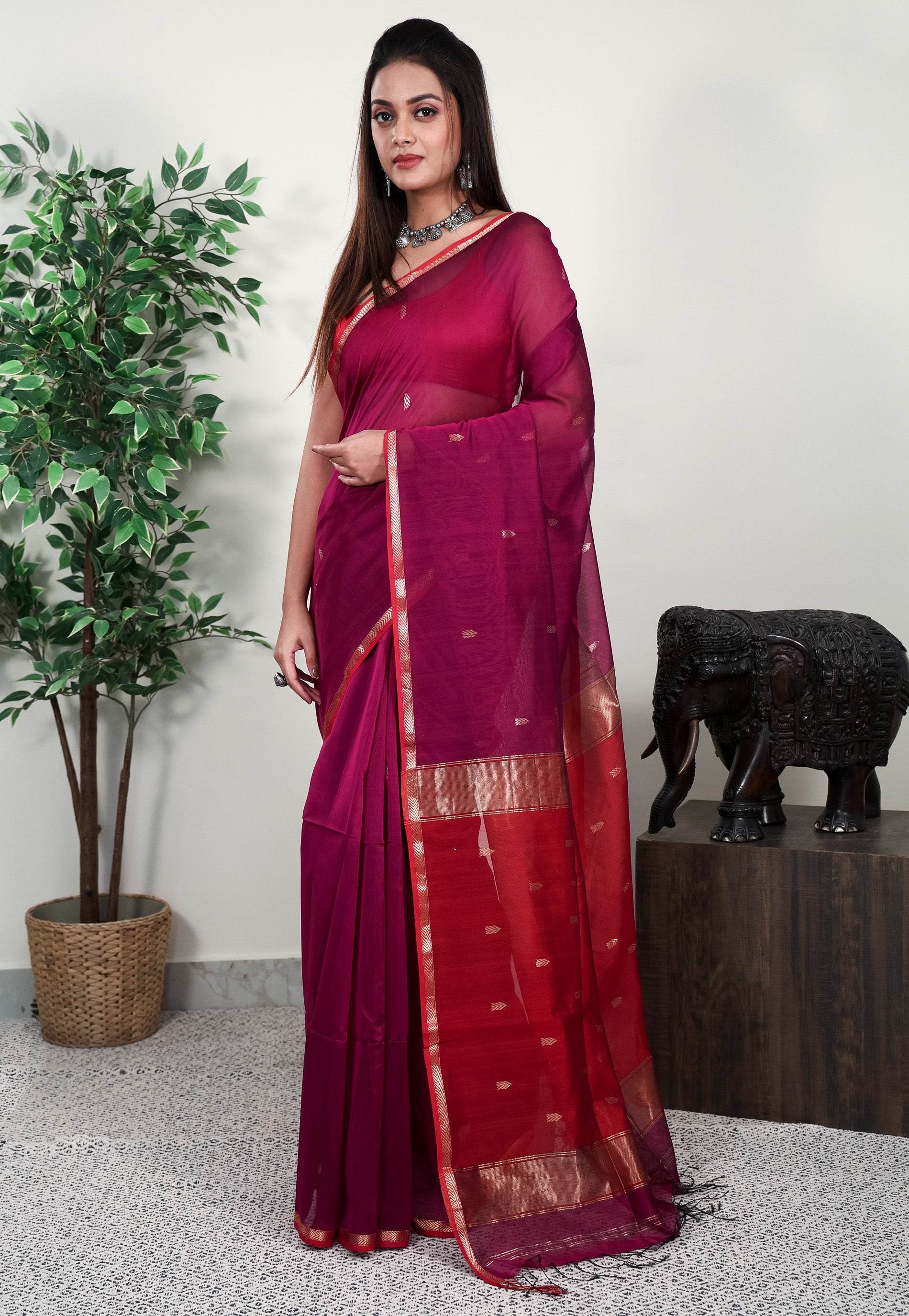 Magenta Sico Handloom Saree With Blouse Piece - Adi Akshoy & Co.