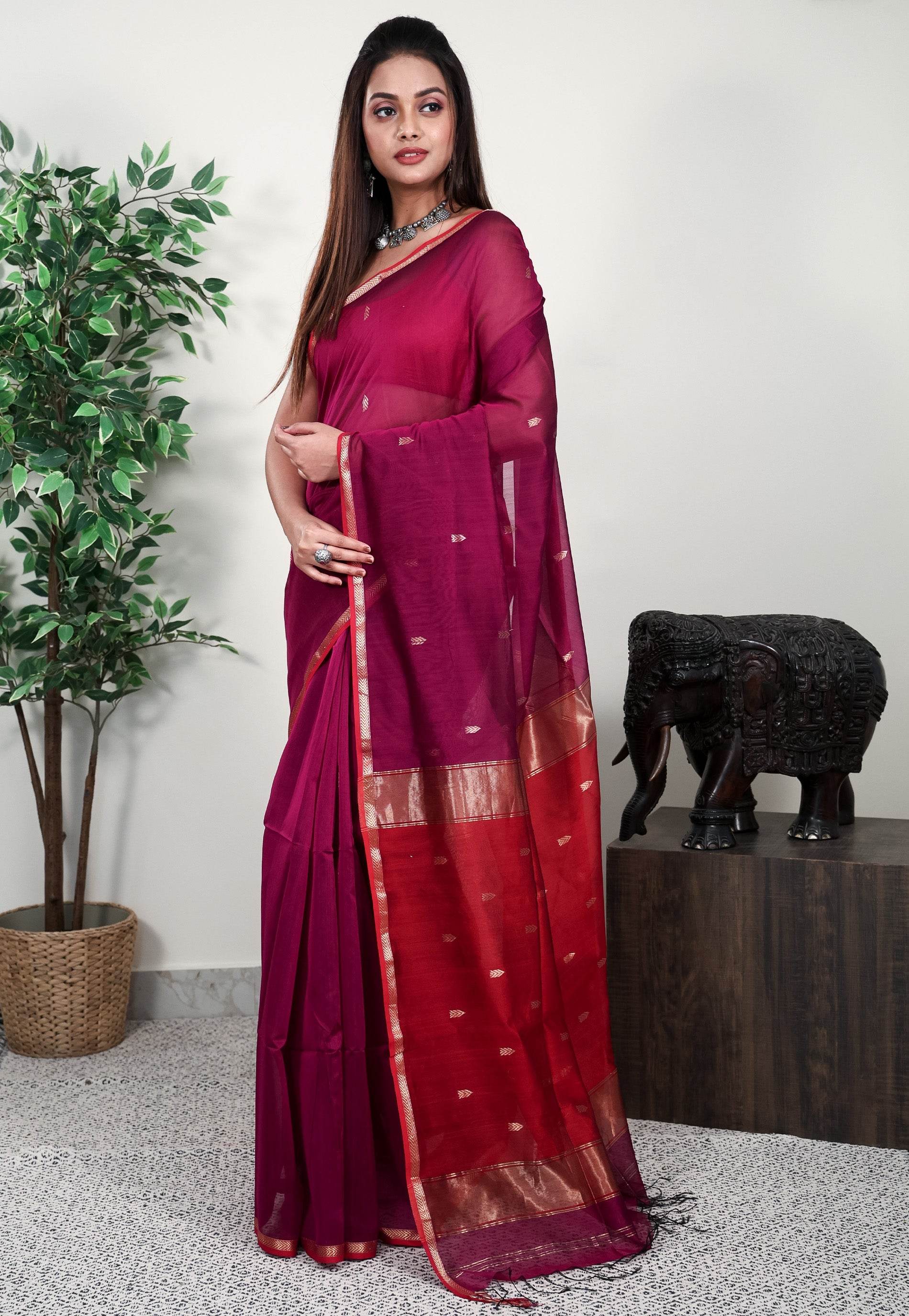 Magenta Sico Handloom Saree With Blouse Piece - Adi Akshoy & Co.