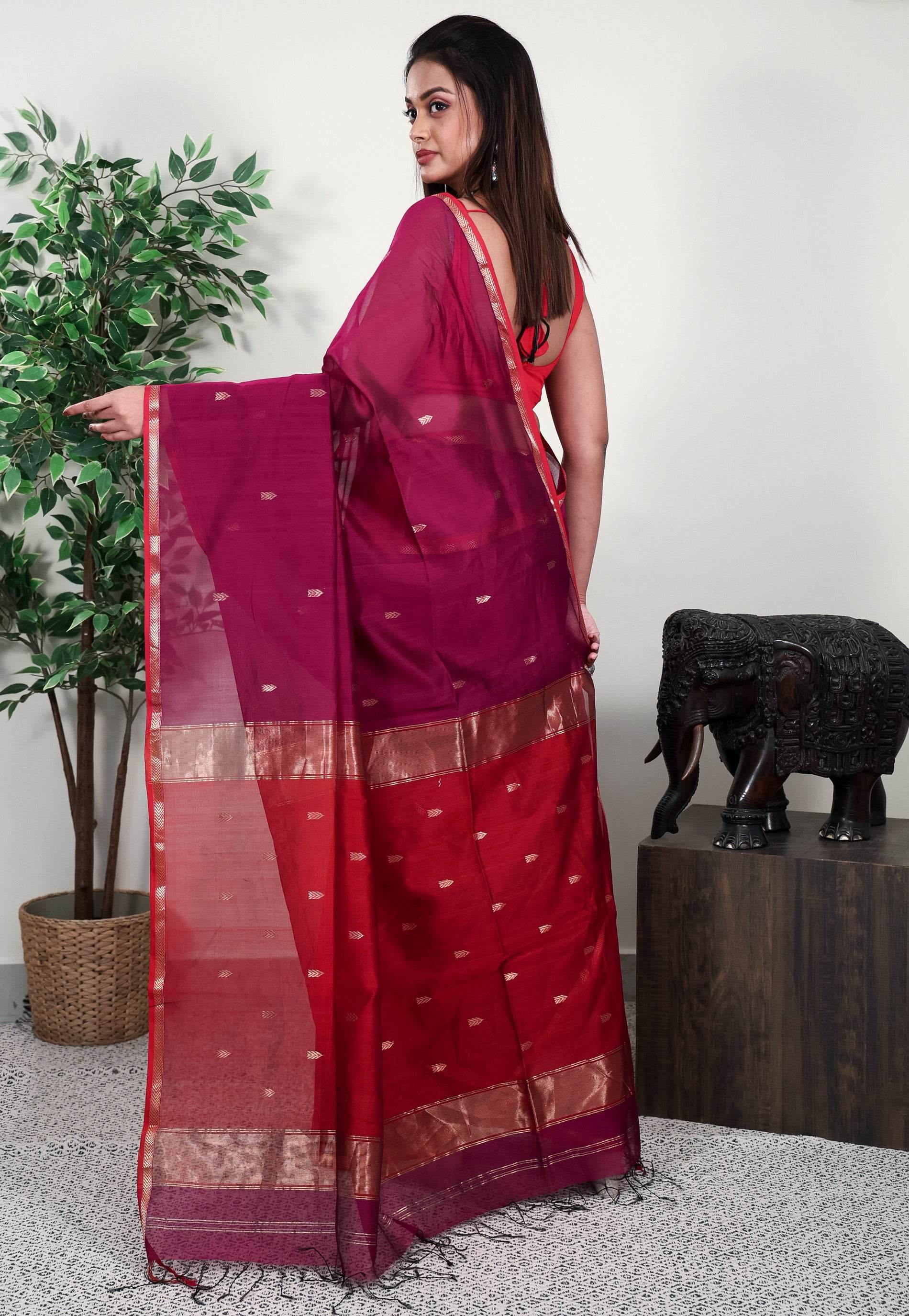 Magenta Sico Handloom Saree With Blouse Piece - Adi Akshoy & Co.