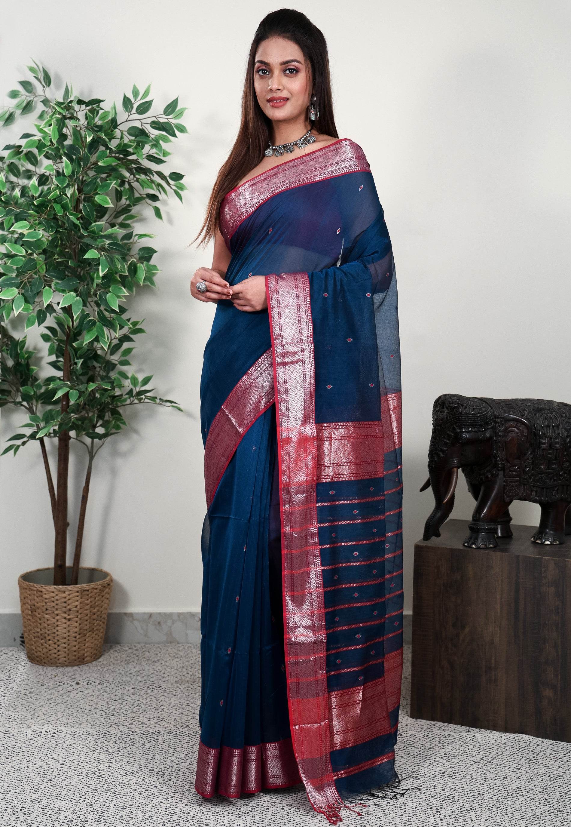 Turquoise Blue Sico Handloom Saree With Blouse Piece - Adi Akshoy & Co.