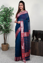 Turquoise Blue Sico Handloom Saree With Blouse Piece - Adi Akshoy & Co.