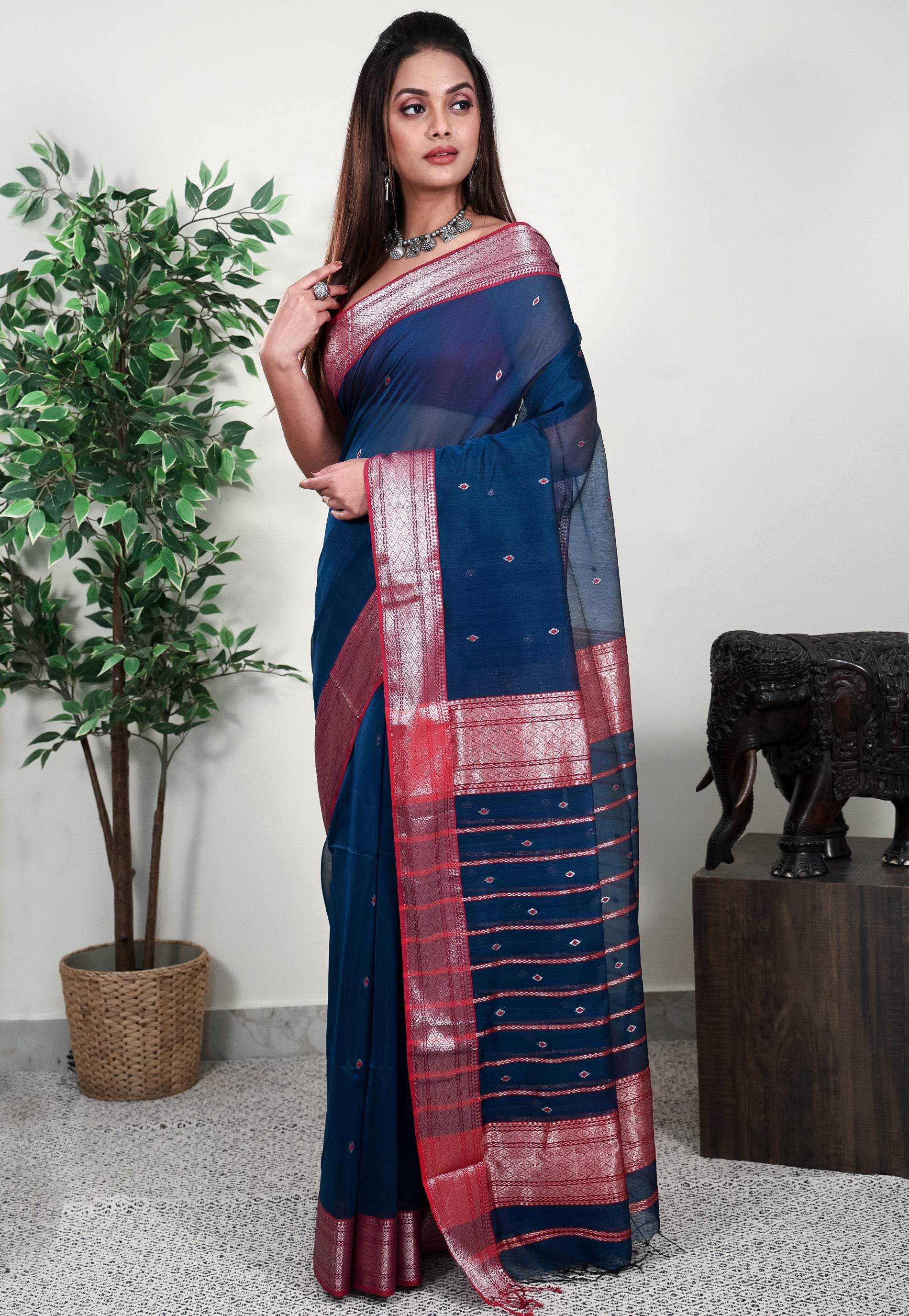 Turquoise Blue Sico Handloom Saree With Blouse Piece - Adi Akshoy & Co.