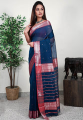 Turquoise Blue Sico Handloom Saree With Blouse Piece - Adi Akshoy & Co.