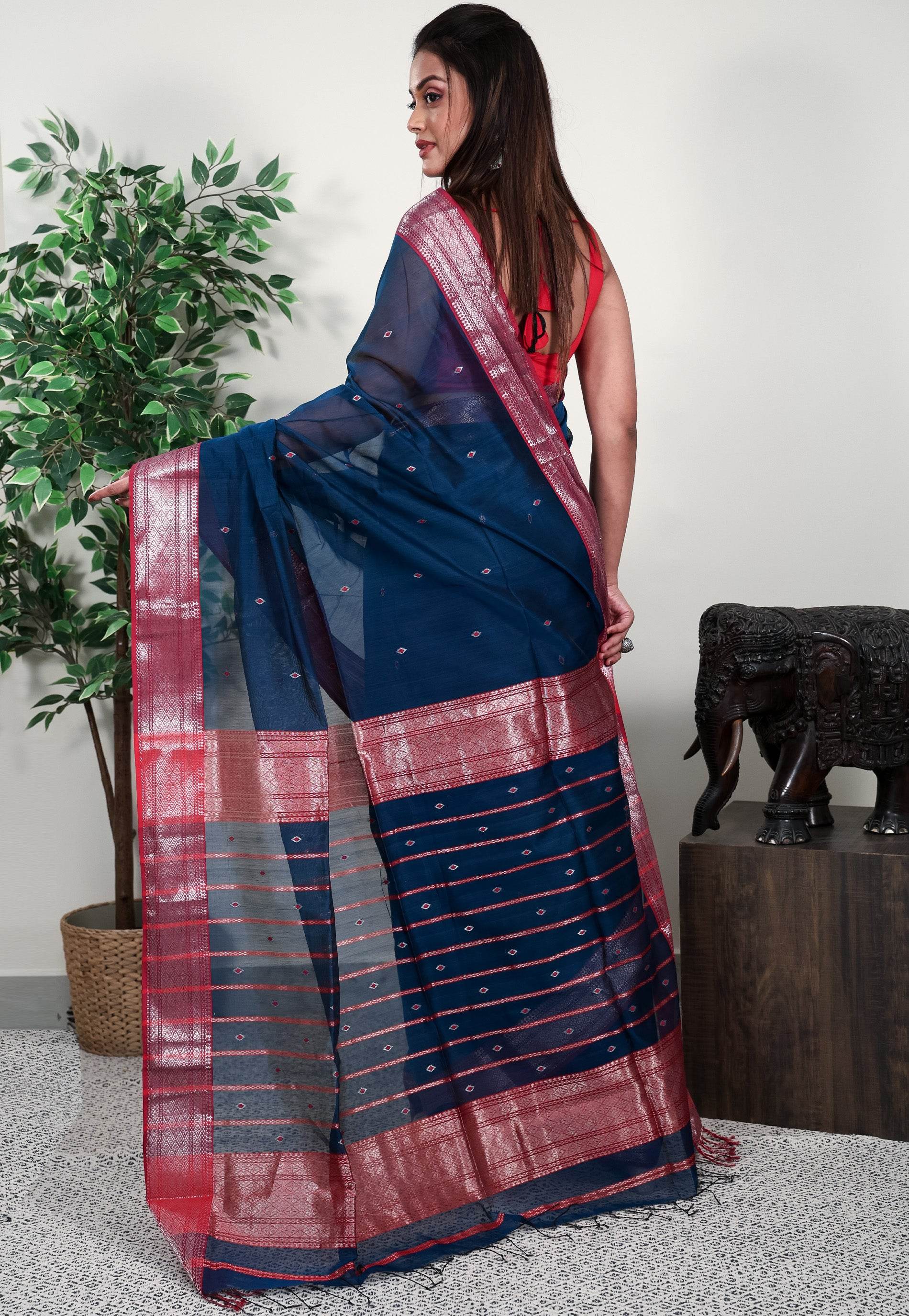 Turquoise Blue Sico Handloom Saree With Blouse Piece - Adi Akshoy & Co.