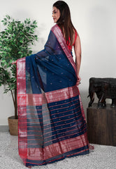Turquoise Blue Sico Handloom Saree With Blouse Piece - Adi Akshoy & Co.