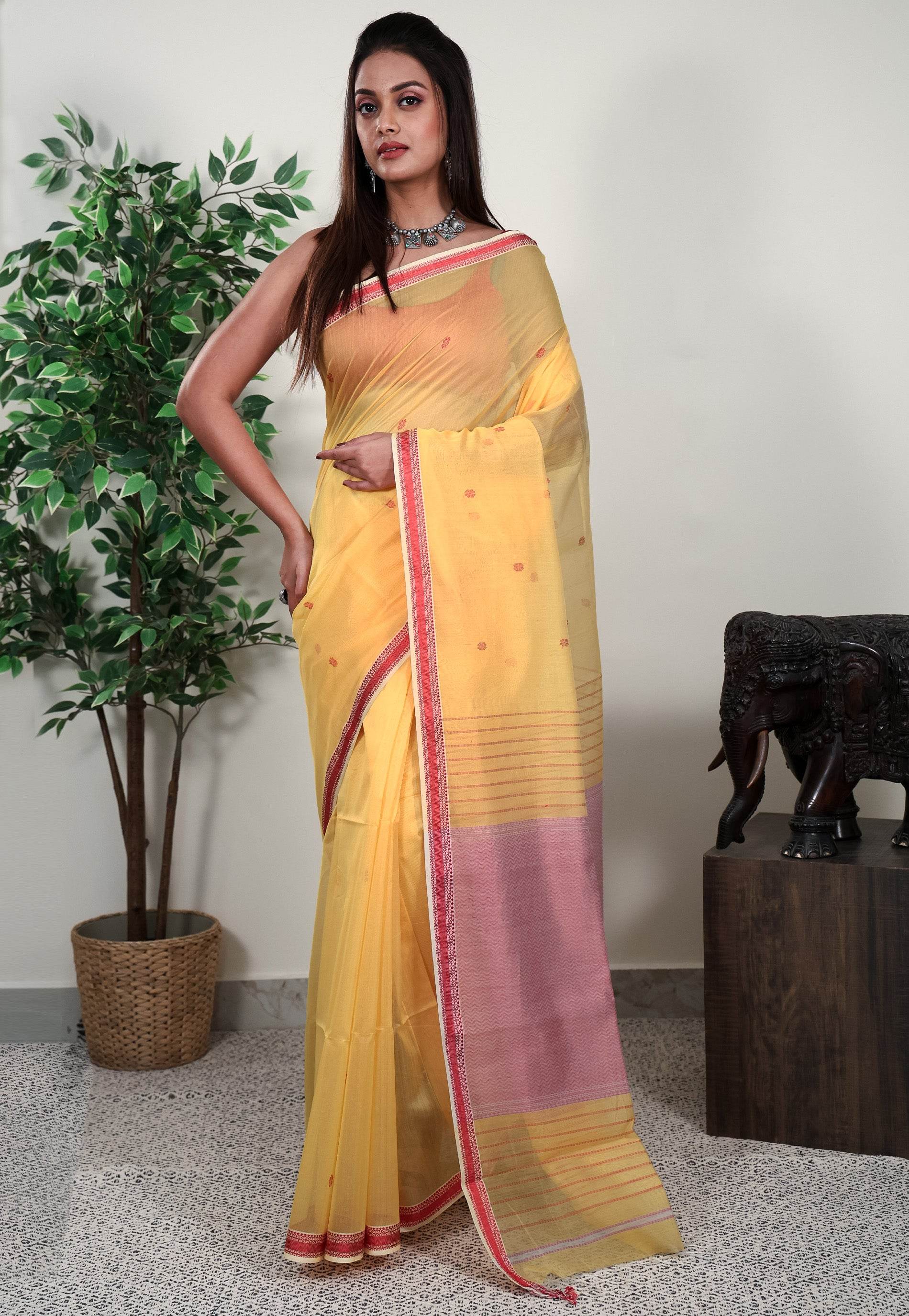 Lemon Yellow Sico Handloom Saree With Blouse Piece - Adi Akshoy & Co.