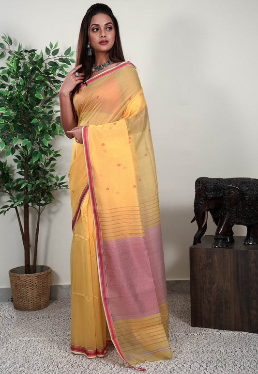 Lemon Yellow Sico Handloom Saree With Blouse Piece - Adi Akshoy & Co.