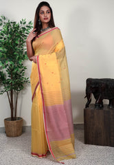 Lemon Yellow Sico Handloom Saree With Blouse Piece - Adi Akshoy & Co.