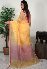 Lemon Yellow Sico Handloom Saree With Blouse Piece - Adi Akshoy & Co.