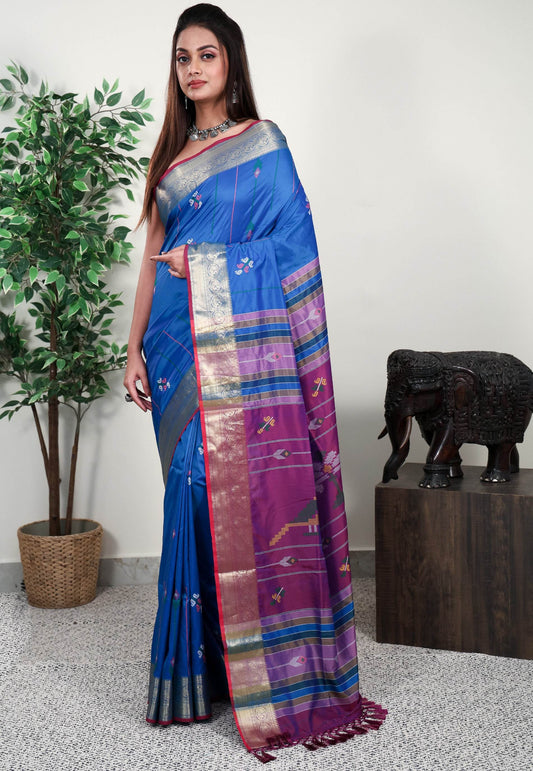 Peacock Blue Blended Silk Handloom Saree With Blouse Piece - Adi Akshoy & Co.