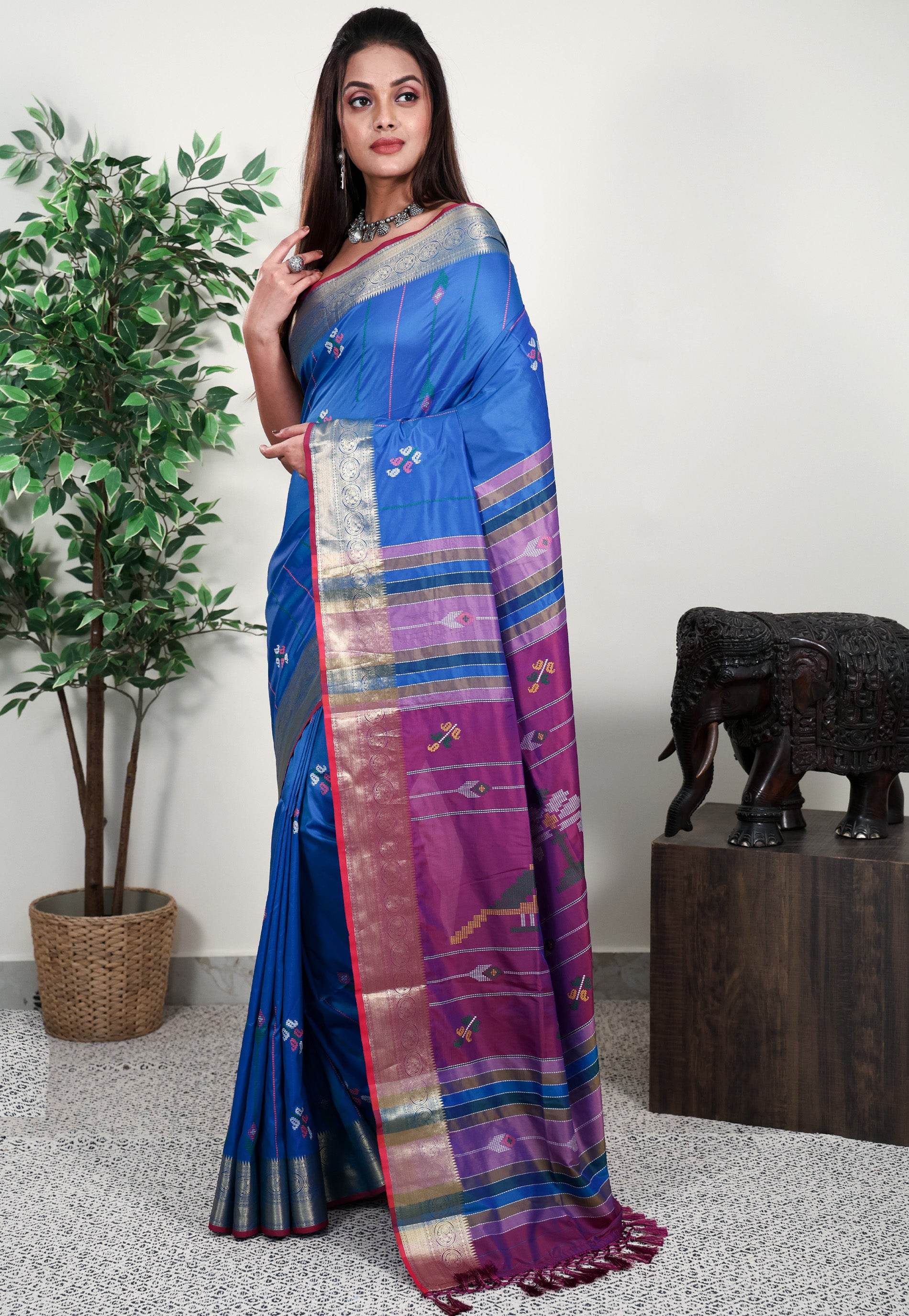 Peacock Blue Blended Silk Handloom Saree With Blouse Piece - Adi Akshoy & Co.