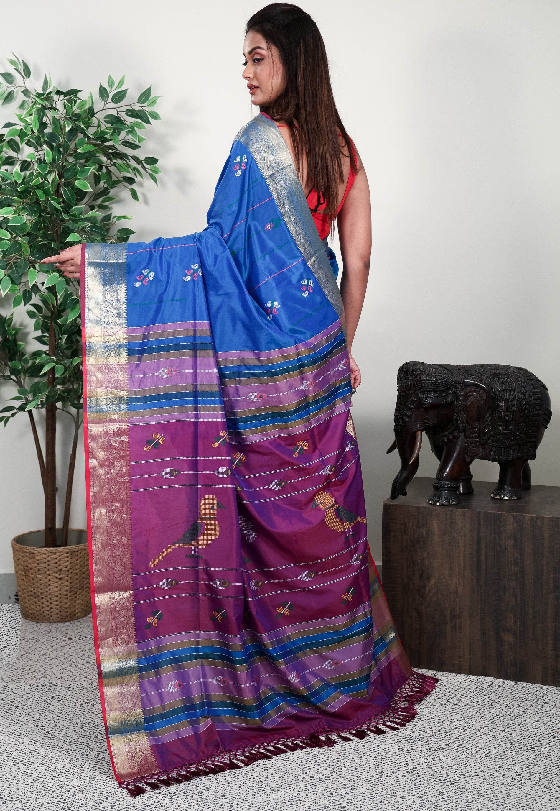 Peacock Blue Blended Silk Handloom Saree With Blouse Piece - Adi Akshoy & Co.