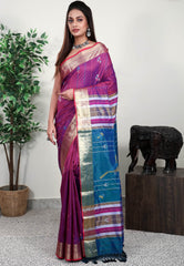Magenta Blended Silk Handloom Saree With Blouse Piece - Adi Akshoy & Co.
