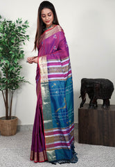 Magenta Blended Silk Handloom Saree With Blouse Piece - Adi Akshoy & Co.