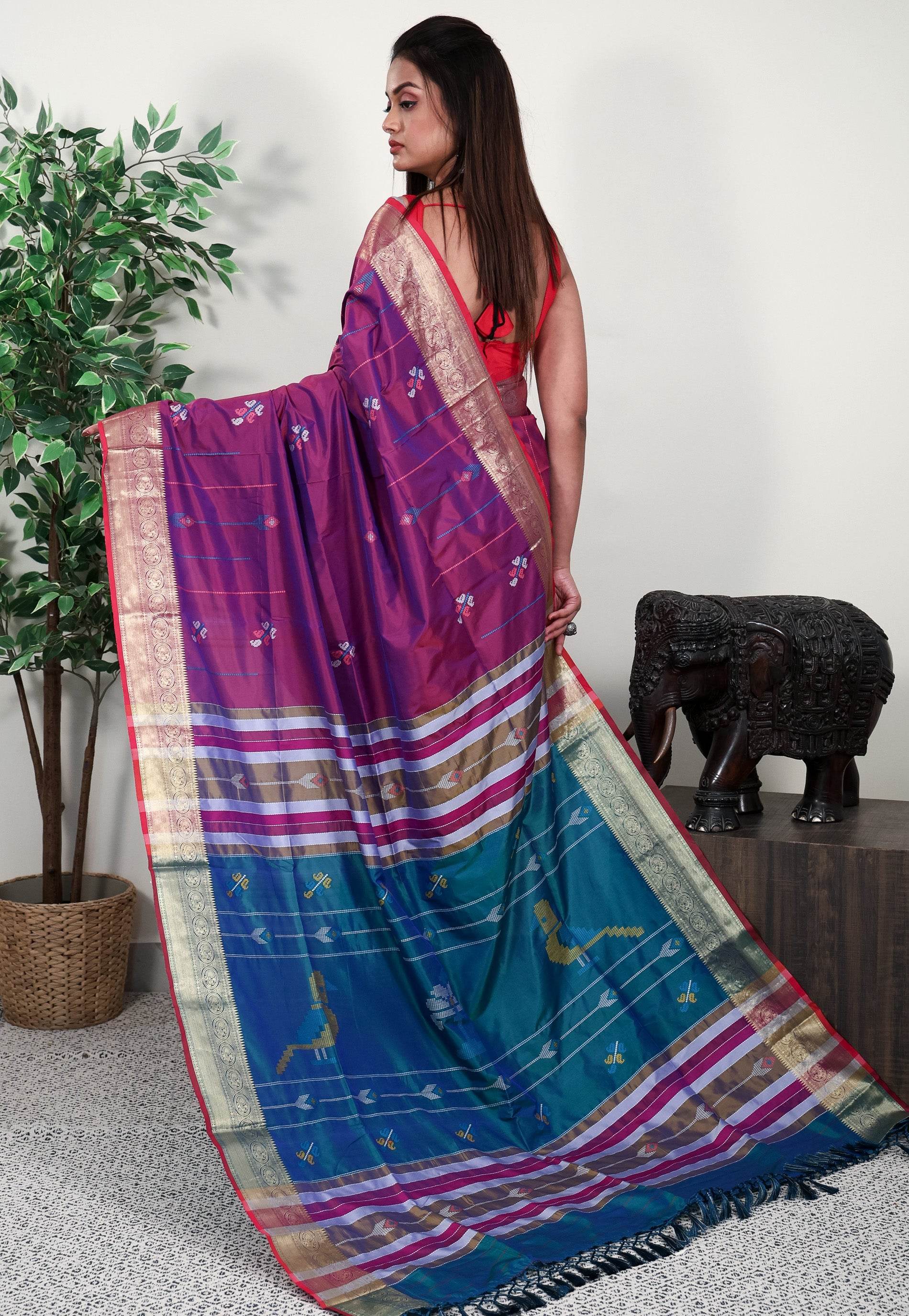 Magenta Blended Silk Handloom Saree With Blouse Piece - Adi Akshoy & Co.