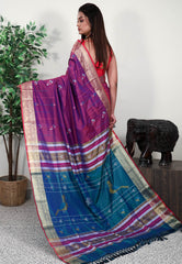 Magenta Blended Silk Handloom Saree With Blouse Piece - Adi Akshoy & Co.