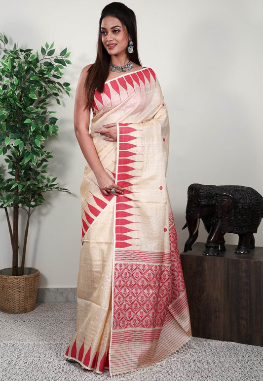 Beige Tussar Handloom Saree With Blouse Piece - Adi Akshoy & Co.